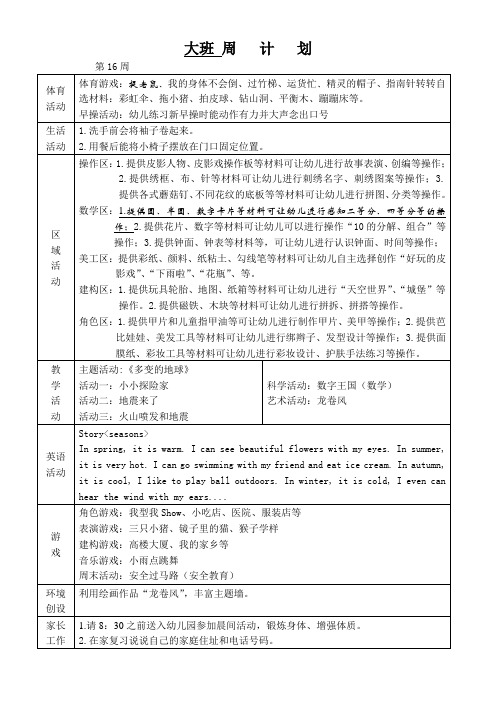 幼儿园大班班级周计划第16周