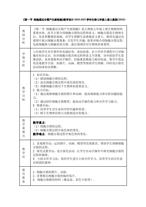 《第一节 细胞通过分裂产生新细胞》教学设计-2024-2025学年生物七年级上册人教版(2024)