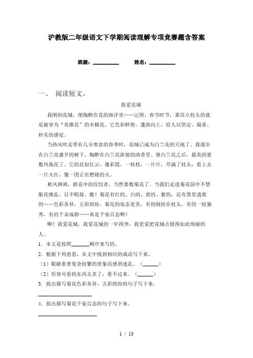 沪教版二年级语文下学期阅读理解专项竞赛题含答案