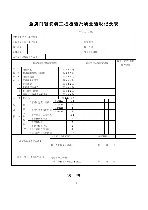 金属门窗安装工程检验批质量验收记录表