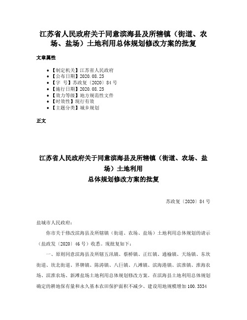 江苏省人民政府关于同意滨海县及所辖镇（街道、农场、盐场）土地利用总体规划修改方案的批复