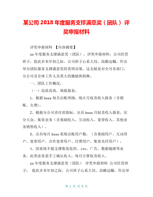 某公司2018年度服务支撑满意奖(团队) 评奖申报材料