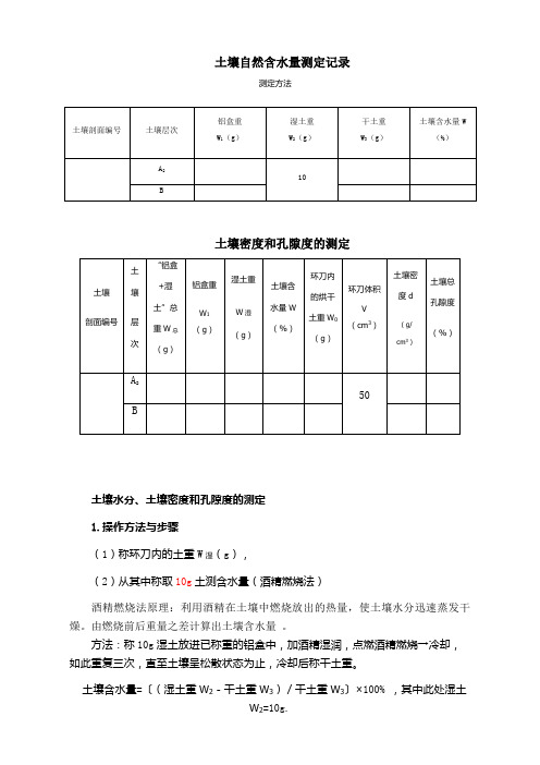 土壤自然含水量测定记录+土壤密度和孔隙度的测定+操作方法与步骤