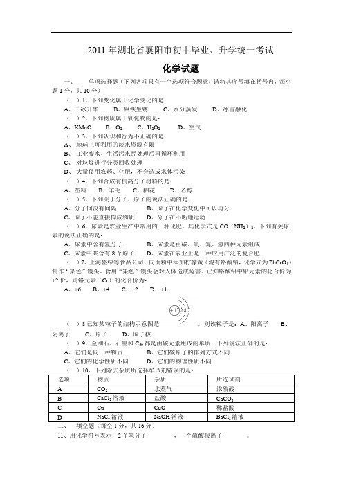 2011年襄阳市中考化学试卷及答案