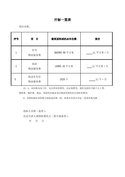 开标一览表