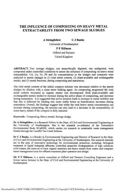 THE INFLUENCE OF COMPOSTING ON HEAVY METAL EXTRACTABILITY FROM TWO SEWAGE SLUDGES