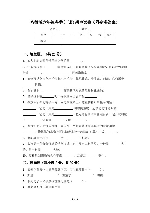 湘教版六年级科学(下册)期中试卷(附参考答案)