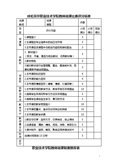 职业技术学院教师说课比赛评分标准