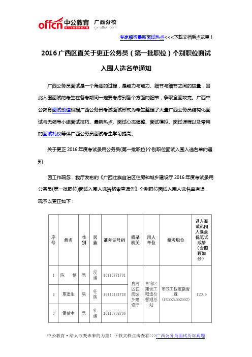 2016广西区直关于更正公务员(第一批职位)个别职位面试入围人选名单通知