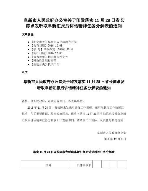 阜新市人民政府办公室关于印发落实11月28日省长陈求发听取阜新汇报后讲话精神任务分解表的通知