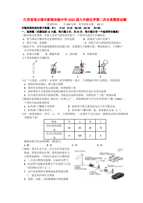 江苏省连云港市新海实验中学2020届九年级化学第二次全真模拟试题(无答案)