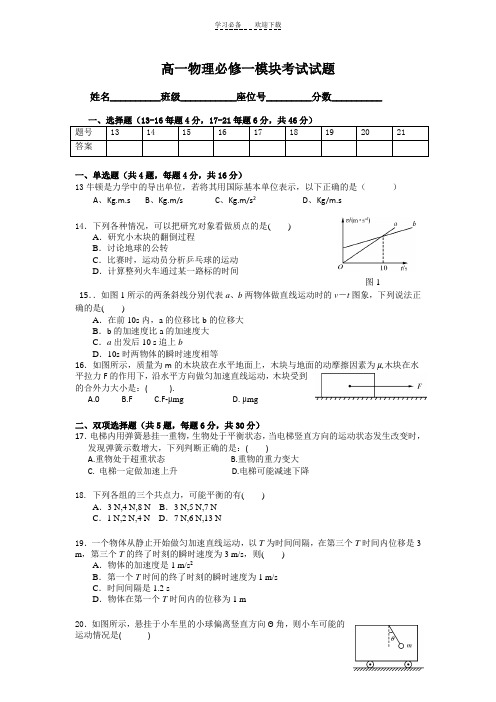 高一物理必修一模块考试试题