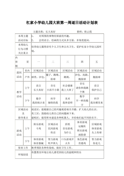 大班周计划表1