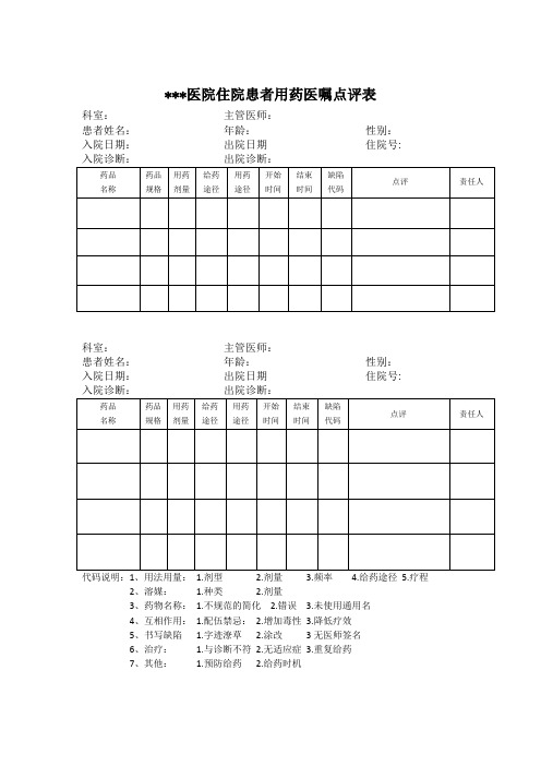 住院患者用药医嘱点评表