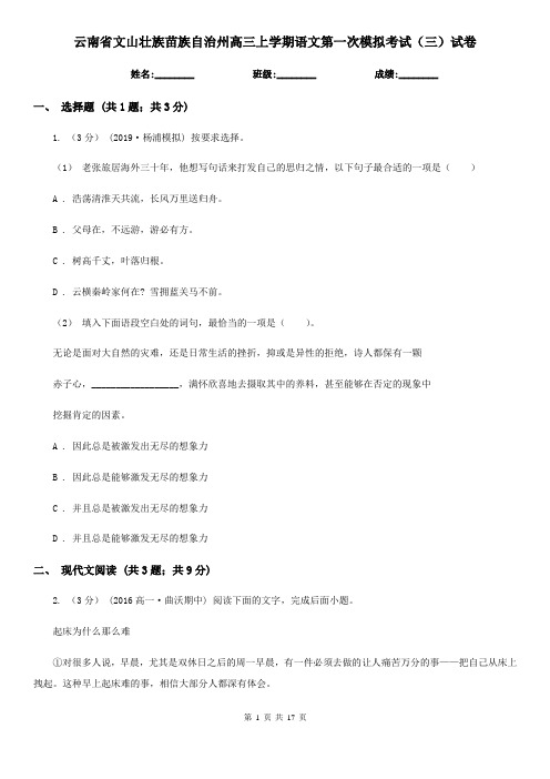 云南省文山壮族苗族自治州高三上学期语文第一次模拟考试(三)试卷