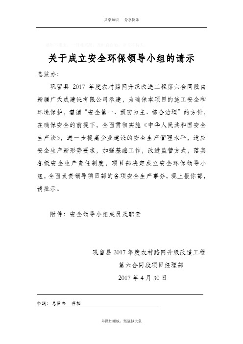 关于成立安全生产领导小组的请示2