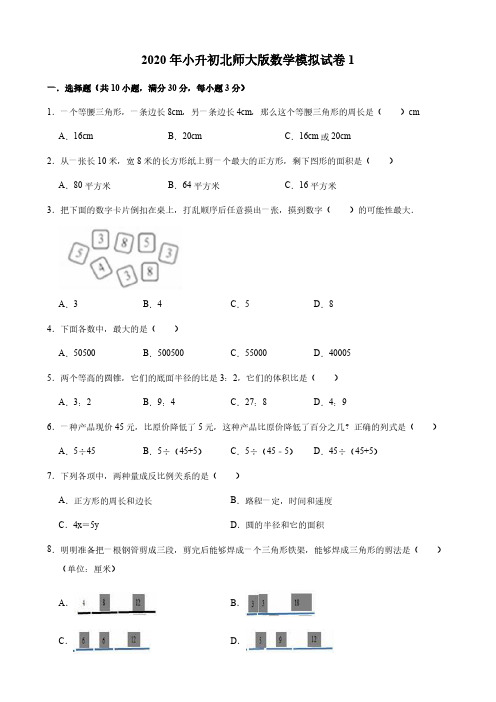 北师大版2020年小升初数学模拟试卷1-5(附答案)