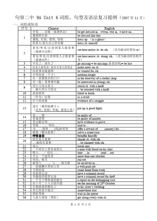 9A Unit 6词组、句型及语法复习提纲