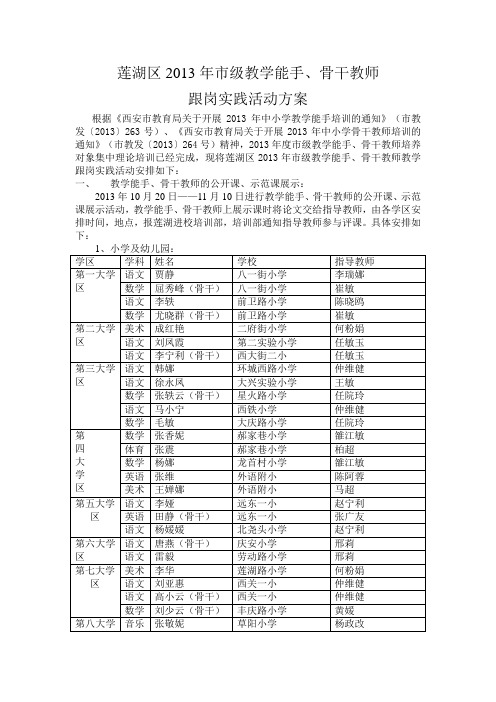 莲湖区2013年教学能手、骨干教师跟岗实践活动方案
