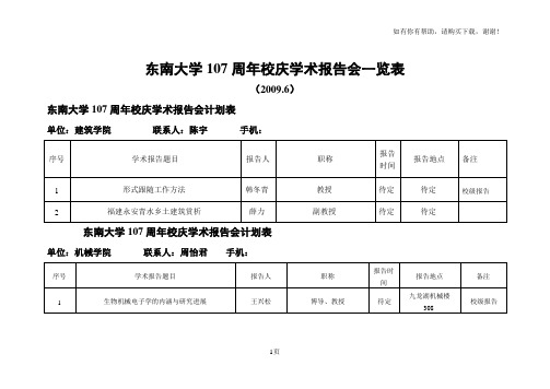 东南大学107周年校庆学术报告会一览表