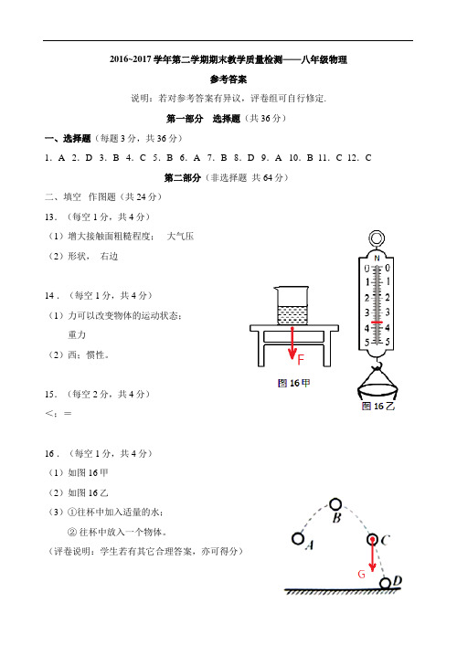 2016~2017学年第二学期期末教学质量检测—八年级物理