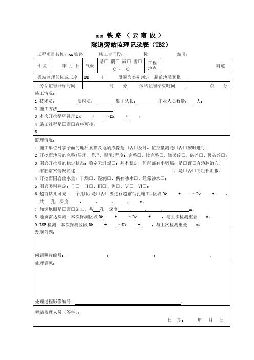 铁路隧道工程监理旁站记录表