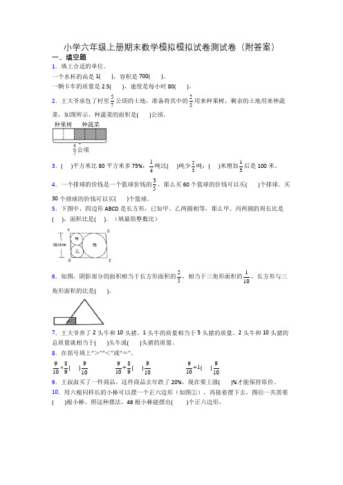 小学六年级上册期末数学模拟模拟试卷测试卷(附答案)