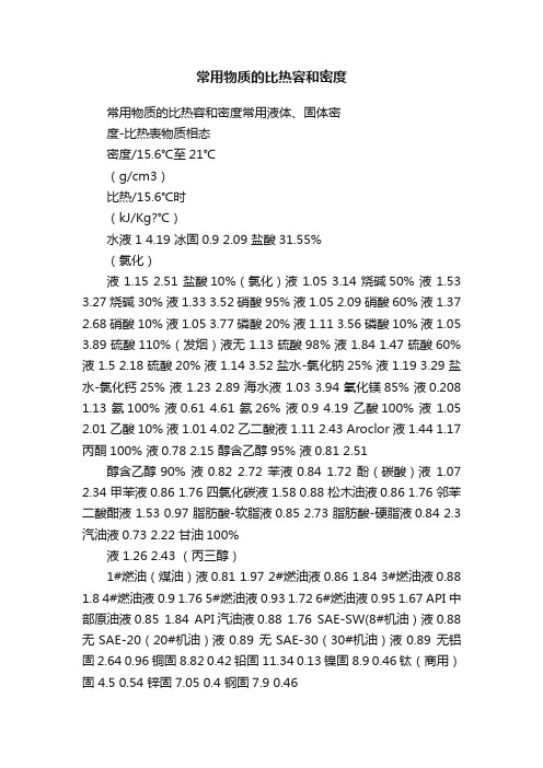 常用物质的比热容和密度