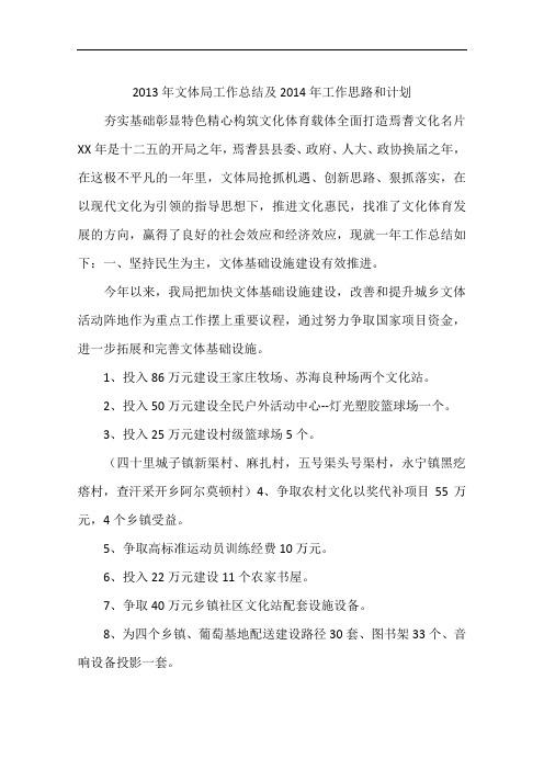 2013年文体局工作总结及2014年工作思路和计划