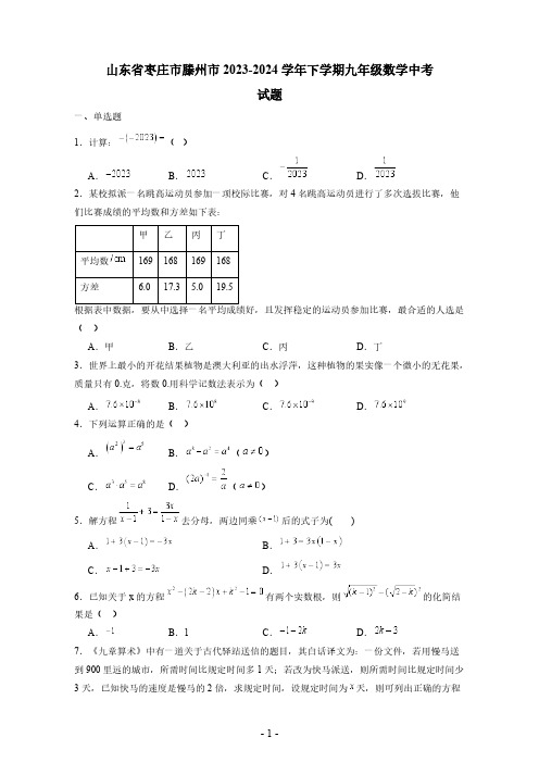 2023-2024学年山东省枣庄市滕州市下学期九年级数学中考试题(含答案)