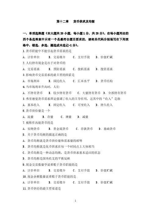 重庆工商大学期末复习资料金融学第十二章 货币供求及均衡