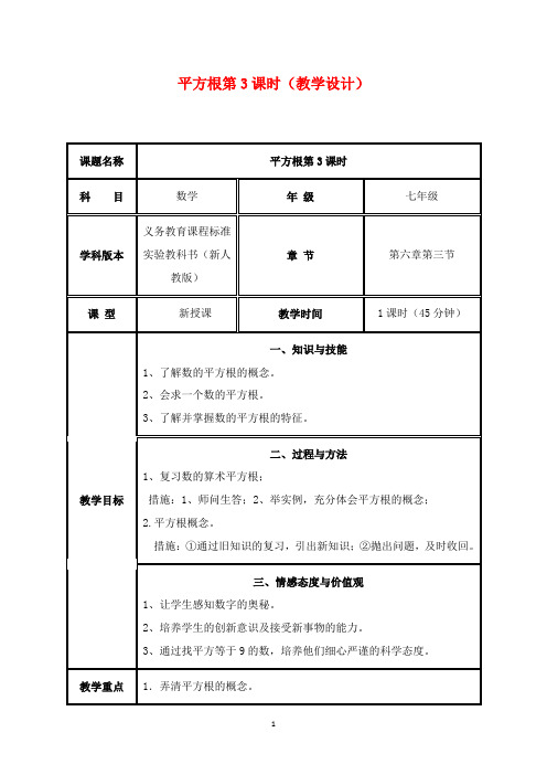 2019年初中人教版数学七年级下册6.1平方根优质课教案.