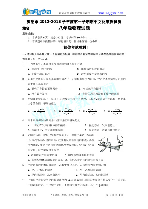 湖北省洪湖市2012-2013学年期中考试 八年级物理