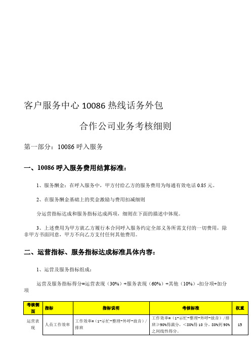 《客户服务中心10086热线话务外包合作公司业务考核细则》精品资料