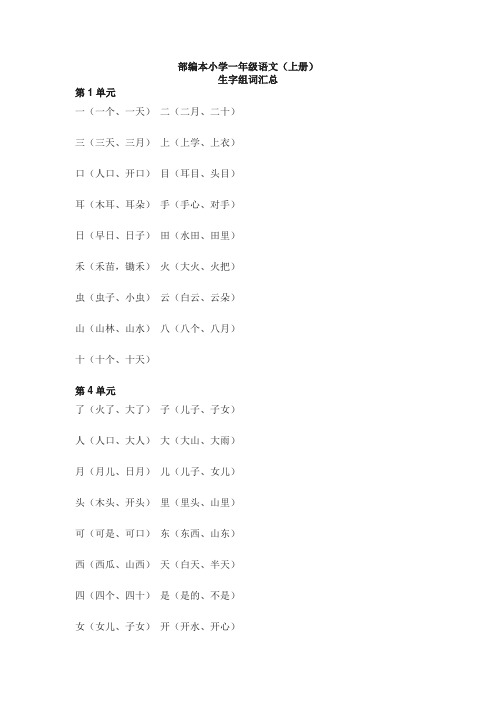 部编本小学一年级语文(上册)：各单元生字组词汇总