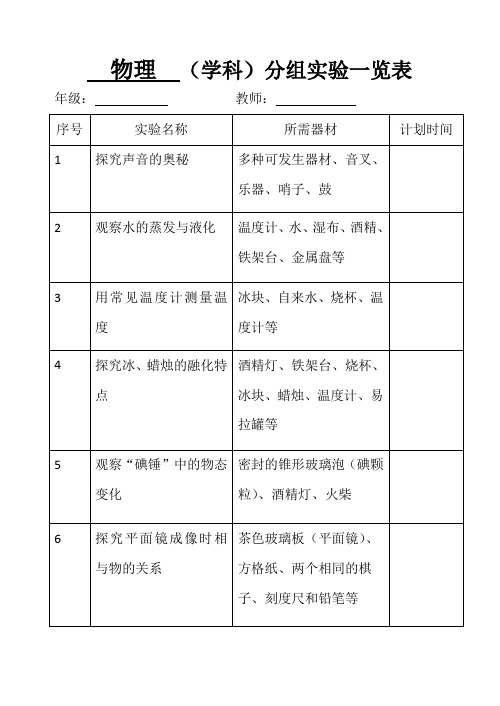 初二物理实验一览表及登记表doc