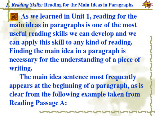 Reading Skills Reading for the Main Ideas in Paragraphs