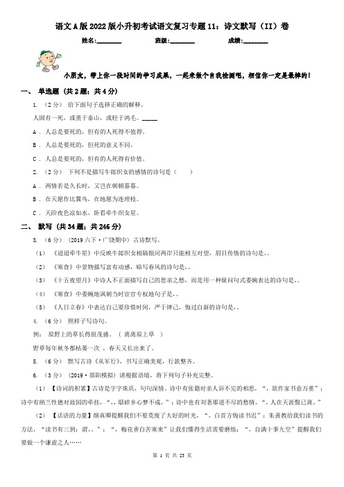 语文A版2022版小升初考试语文复习专题11：诗文默写（II）卷