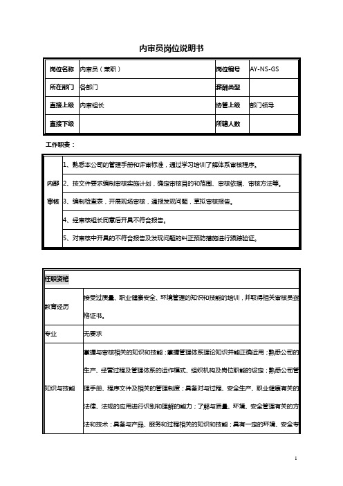 内审员岗位说明书范例