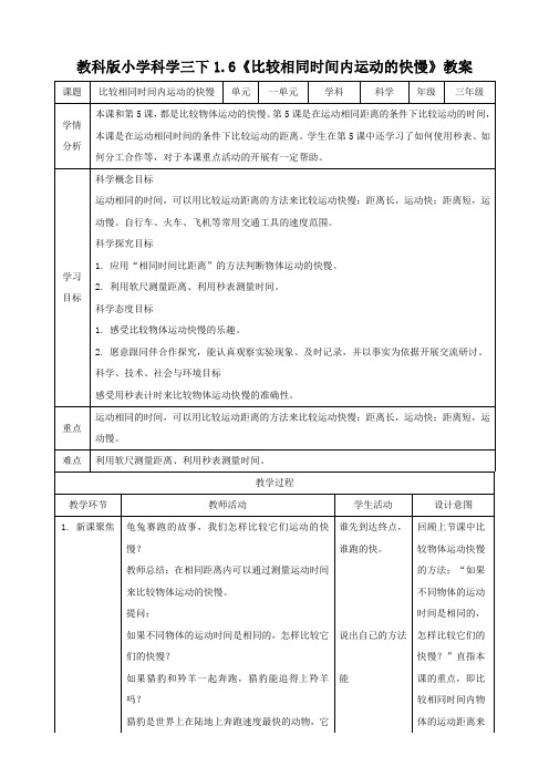 【科学】【新教材】(教科版)小学科学三年级下册1.6比较相同距离内运动的快慢(教案)