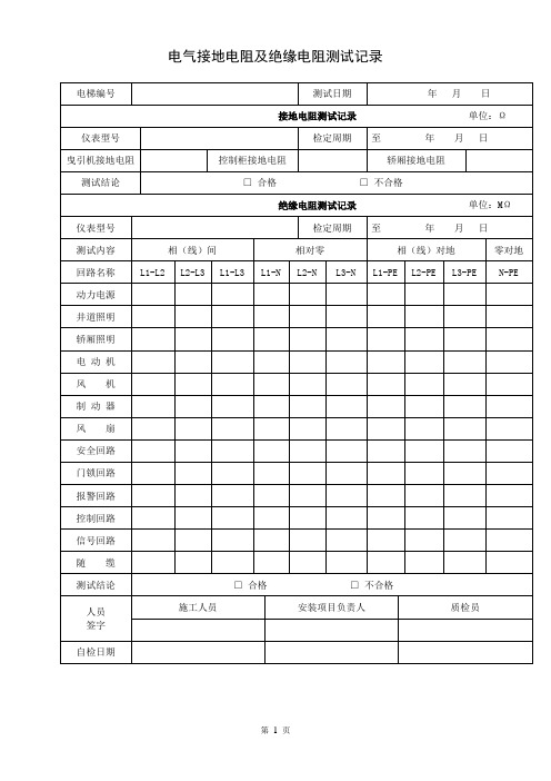 电梯行业资料：电气接地电阻及绝缘电阻测试记录表格(模板)