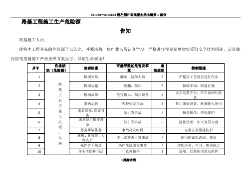 路基工程施工生产危险源全员告知书