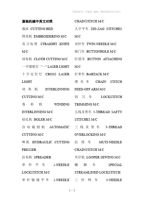 服装机械词汇中英文对照