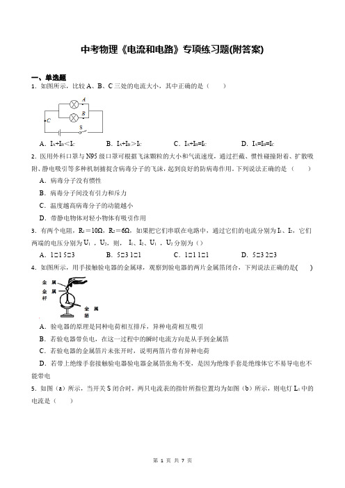 中考物理《电流和电路》专项练习题(附答案)