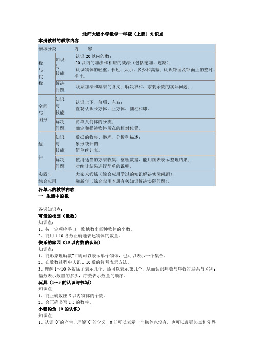 (完整版)北师大版小学数学一年级上册知识点归纳