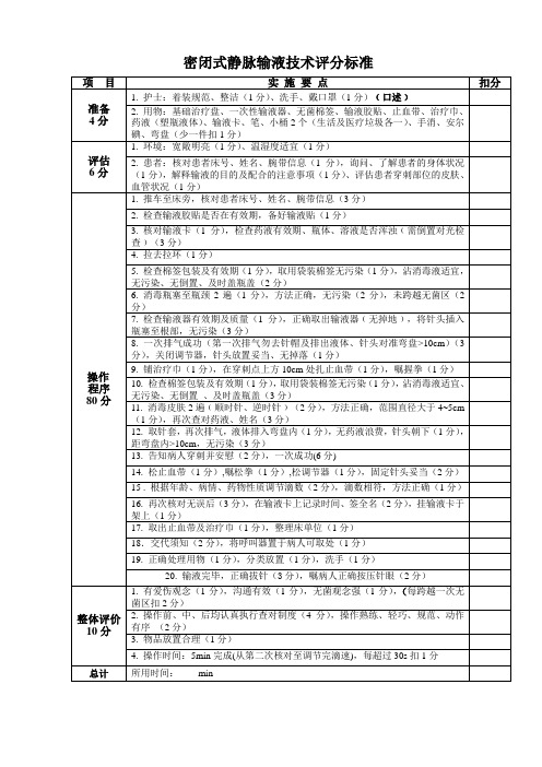 密闭式静脉输液技术操作考核评分标准(100分)