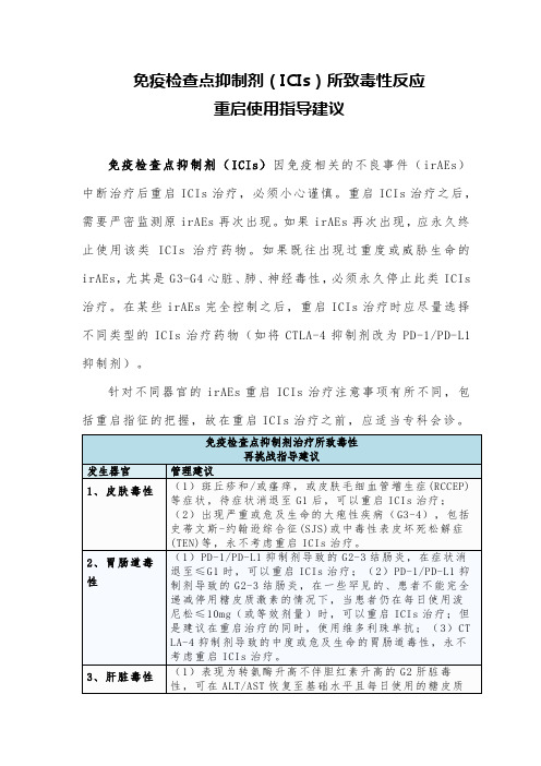 免疫检查点抑制剂(ICIs)所致毒性反应重启使用指导建议