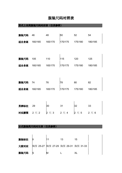 服装尺码对照表