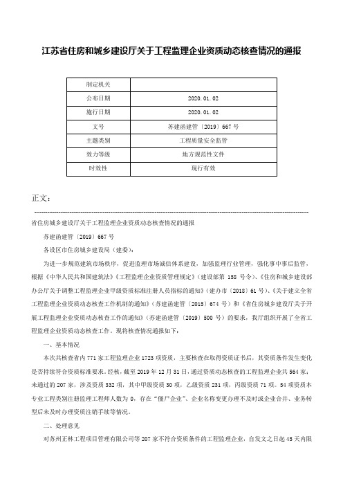 江苏省住房和城乡建设厅关于工程监理企业资质动态核查情况的通报-苏建函建管〔2019〕667号