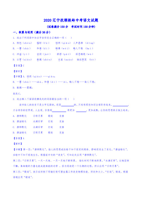 辽宁省抚顺、铁岭市2020年中考语文试题(含答案与解析)